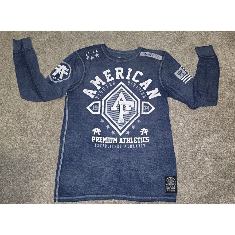 American Fighter Mens T shirt Pullover Large Long Sleeve Blue Graphic 1974